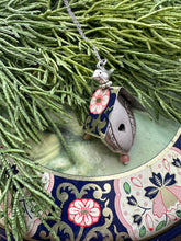 Load image into Gallery viewer, vintage tin  - blue and pink bird house necklace