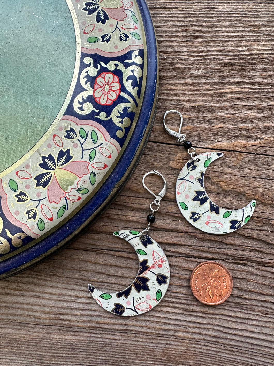 vintage tin earrings - blue and pink moons