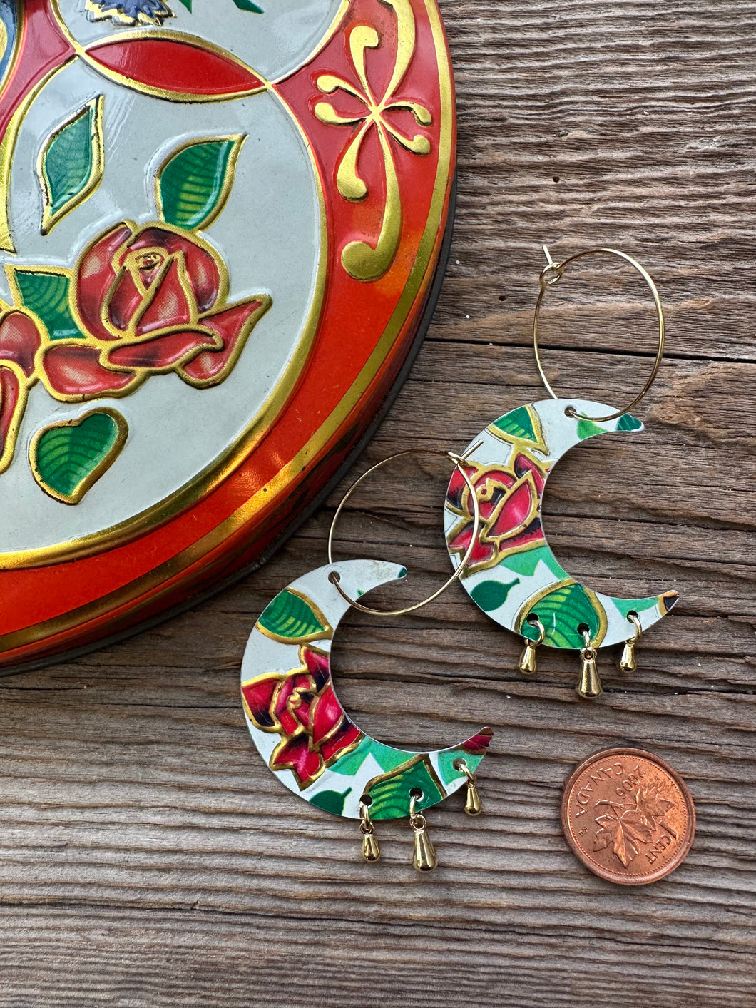 vintage tin earrings - Rose Moons